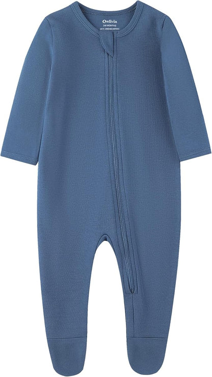 Owlivia Organic Cotton Baby Pajamas, Boys Girls 3-Pack Zip Front Sleep 'N Play, Footed Sleeper, Long Sleeve