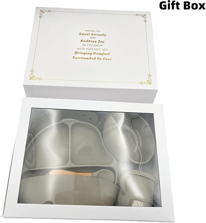 Personalized Name Food Grade 6pcs Baby Feeding Set with Spoon, Fork,Silicone Suction Bowls,Cup,Plate,and bib BPA Free - First Stage Self Feed (Color Grey-Green Y20)