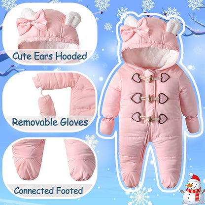 Baby Winter Snowsuit Warm Hooded Coat Onesie Romper Jumpsuit with Footed Gloves for Boys Girls 3-24 Months