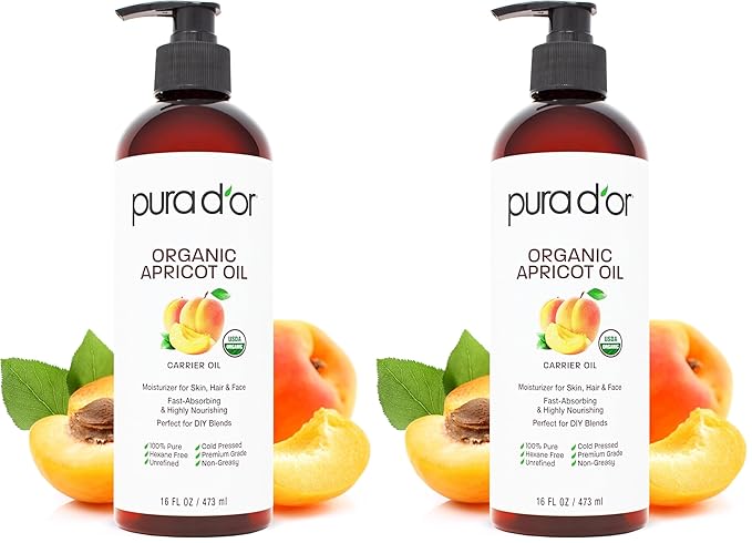 PURA D'OR 16 Oz ORGANIC Apricot Kernel Oil - 100% Pure & Natural USDA Certified Cold Pressed Carrier Oil - Antioxidant & Vitamin E Rich Moisturizer for Natural Glow & Softness - Face, Skin & Hair