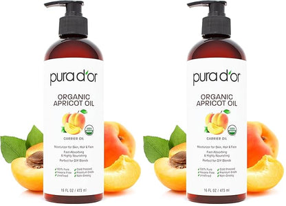 PURA D'OR 16 Oz ORGANIC Apricot Kernel Oil - 100% Pure & Natural USDA Certified Cold Pressed Carrier Oil - Antioxidant & Vitamin E Rich Moisturizer for Natural Glow & Softness - Face, Skin & Hair