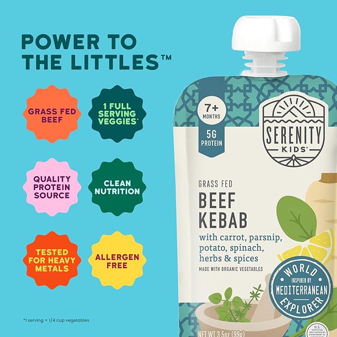 Serenity Kids 7+ Months World Explorers Beef Kebab Baby Food Pouches - 3.5 oz, Pack of 6-5g Protein Baby Food with Meat - Snack with Grass-Fed Beef & Veggies - Convenient On-The-Go Toddler Snacks