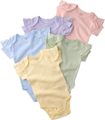 baby-girls Rory 5-pack Short Sleeve Ruffle Shoulder Bodysuits 100% Organic Cotton for Baby Girls