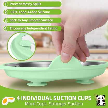 4 Pack Stainless Steel Toddler Plates with Suction - 9" Kids Divided Plates Removable Silicone Sleeves for Baby Led Weaning, Bear Ear Design Non Slip BPA-Free Dishwasher Safe