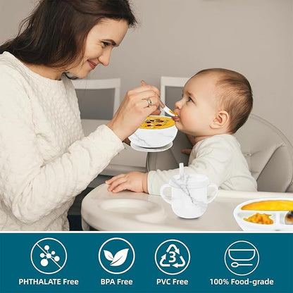 9pc BPA Free Silicone Baby Feeding Set - White: Suction Bowl, Divided Plate, Sippy Cup, Bib, Spoons, Forks - Baby Eating Utensils