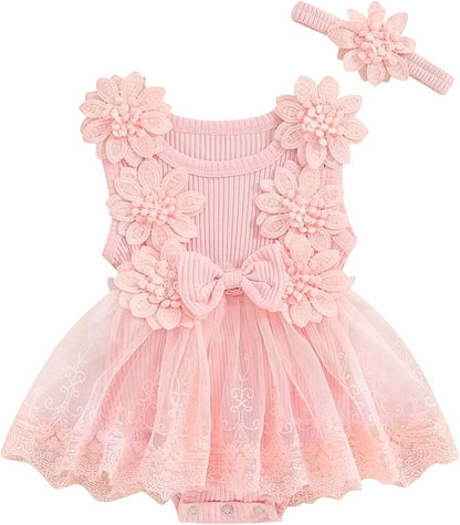 Infant Baby Girl Lace Romper Baby Tulle Dress Romper Flowers Bodysuit Spring Summer Festival Clothes with Headband