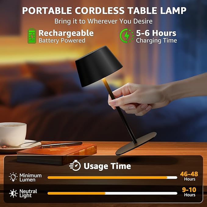 FUYO 2 Pack Rechargeable Table Lamp, Cordless Battery Operated Lamp, Waterproof Shower Lamp with 3 Colors Stepless Dimming, Desk Night Lamp for Bathroom Bedroom Patio Camping Restaurant (Black)