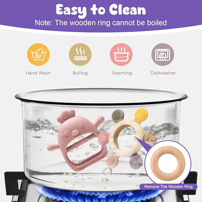 2 Packs Baby Teething Toy for 3-6 6-12 Months, Teether Mitten & Silicone Rudder with Wooden Ring, Food Grade Silicone, BPA-Free, Baby Chew Toys for Sucking Needs