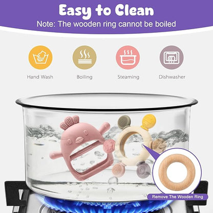 2 Packs Baby Teething Toy for 3-6 6-12 Months, Teether Mitten & Silicone Rudder with Wooden Ring, Food Grade Silicone, BPA-Free, Baby Chew Toys for Sucking Needs