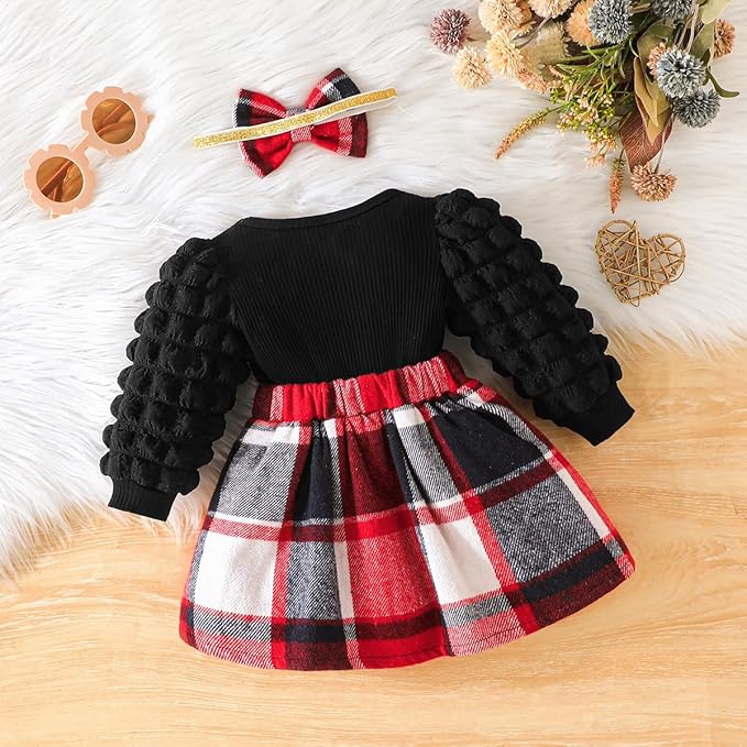 Toddler Baby Girl Plaid Dress Puff Sleeve Bow Patchwork Ribbed Shirts Dress Plaid Fall Winter Outfits with Headband