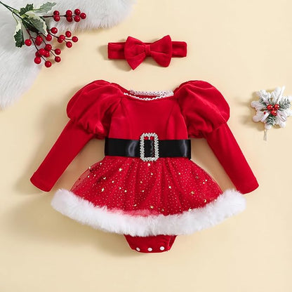 Hnyenmcko Newborn Baby Girl Christmas Clothes Infant Red Plaid Romper Dress Ruffle Long Sleeve Ribbed Bodysuit Headband Set