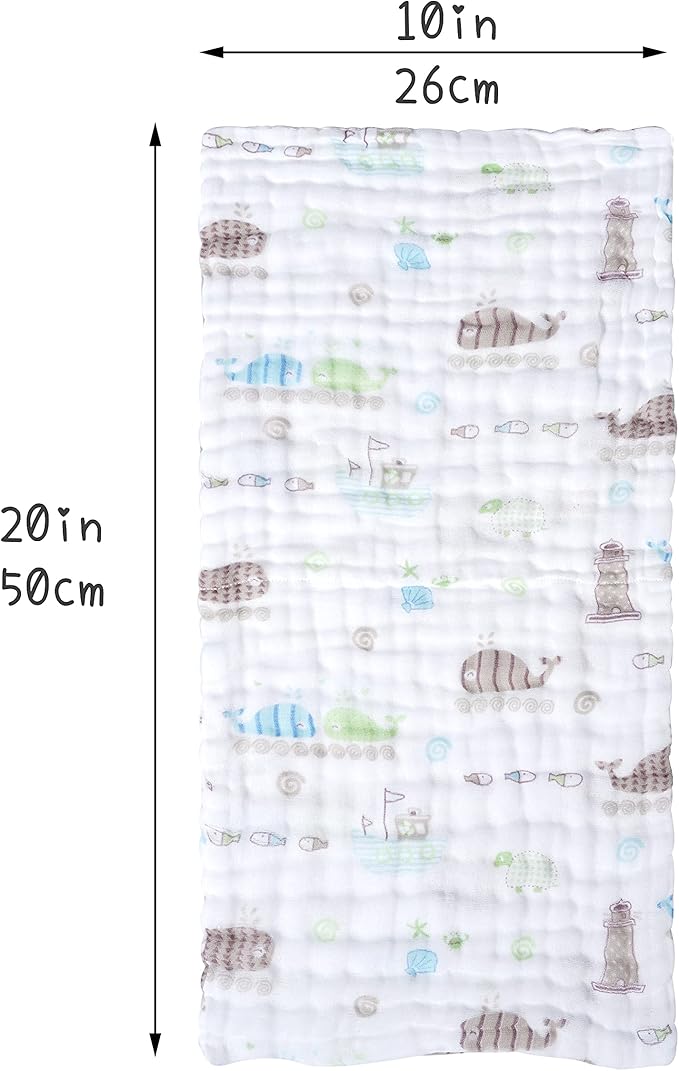 Viviland Baby Muslin Burp Cloths, 100% Cotton Super Absorbent Washcloths for Baby Girl and Boy, 10 x 20 inches 6-Layer Baby Bath Towels, Elephant & Whale Pattern 4 Pack