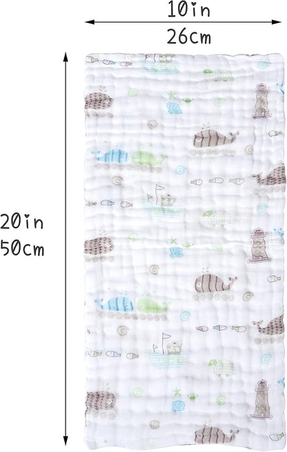 Viviland Baby Muslin Burp Cloths, 100% Cotton Super Absorbent Washcloths for Baby Girl and Boy, 10 x 20 inches 6-Layer Baby Bath Towels, Elephant & Whale Pattern 4 Pack