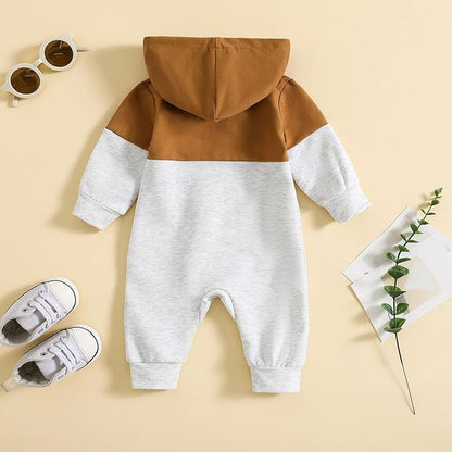 Newborn Baby Boy Fall Outfit Romper Long Sleeve Hooded Contrast Color Zipper Onesie Jumpsuit Bodysuit Infant Clothes