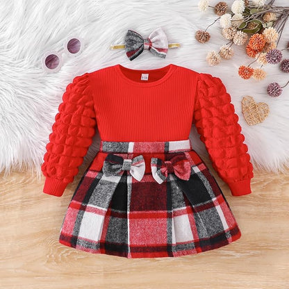 Toddler Baby Girl Plaid Dress Puff Sleeve Bow Patchwork Ribbed Shirts Dress Plaid Fall Winter Outfits with Headband
