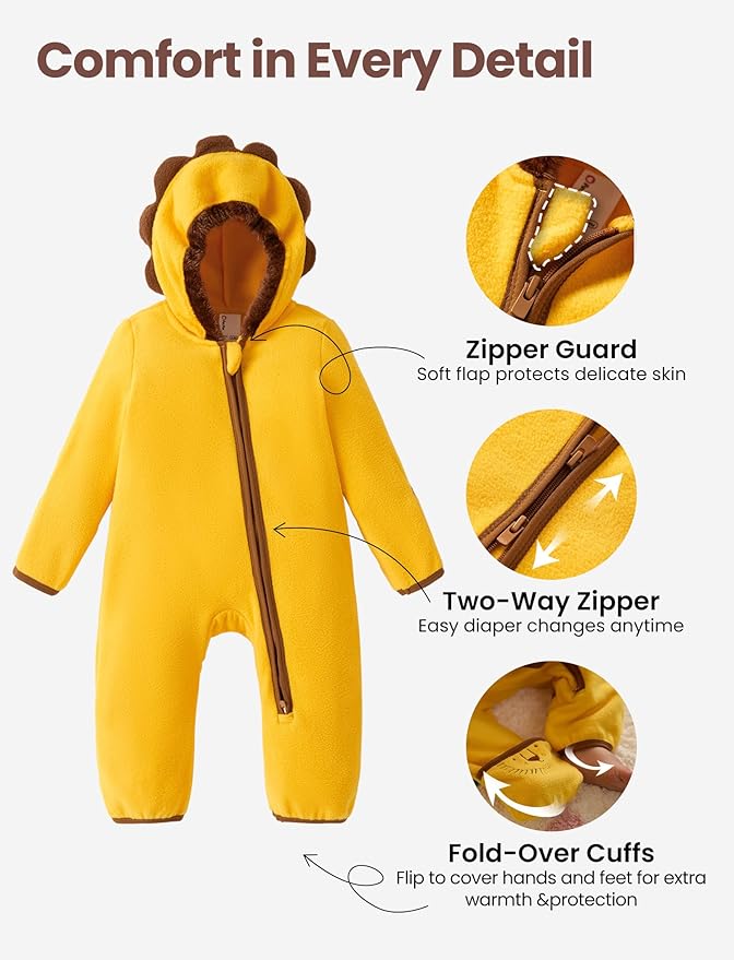 PATPAT Fleece Hooded Footed Clothes, Soft Warm Footie Covers, Car Seat Friendly, Easy Zip,Cute Romper Newborn Infant Jumpsuit