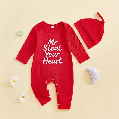 Baby Valentines Outfit Girl Boys Long Sleeve Footie Rib Onesie knot Hat Spring Clothes Newborn Outfits Infant Set