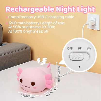 Mewaii Huggwaii Squishy Axolotl Night Light for Kids – Dimmable Silicone Axolotl Lamp, 2025 Upgraded Baby Night Light, Rechargeable, 20H Battery Life, Sleep Aid Gift for Toddlers, Girls&Room Decor