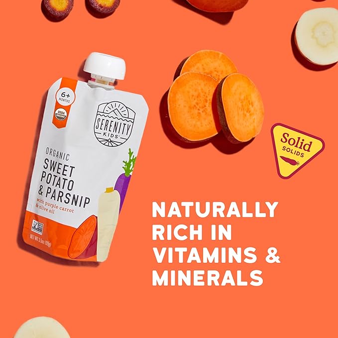 Serenity Kids 6+ Months Baby Food Pouches Veggie Puree - Sweet Potato & Parsnip - USDA Organic Snack Pouches - No Added Sugar Baby Snacks - Allergen Free Toddler Food - 3.5 Oz, 6 Pack