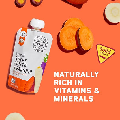 Serenity Kids 6+ Months Baby Food Pouches Veggie Puree - Sweet Potato & Parsnip - USDA Organic Snack Pouches - No Added Sugar Baby Snacks - Allergen Free Toddler Food - 3.5 Oz, 6 Pack