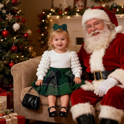 Toddler Baby Girl Plaid Dress Puff Sleeve Bow Patchwork Ribbed Shirts Dress Plaid Fall Winter Outfits with Headband