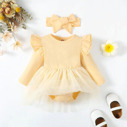 Baby Girl Clothes Infant Ruffle Sleeve Romper Dress Newborn Solid Tutu Skirt Sets Jumpsuit Headband Outfit