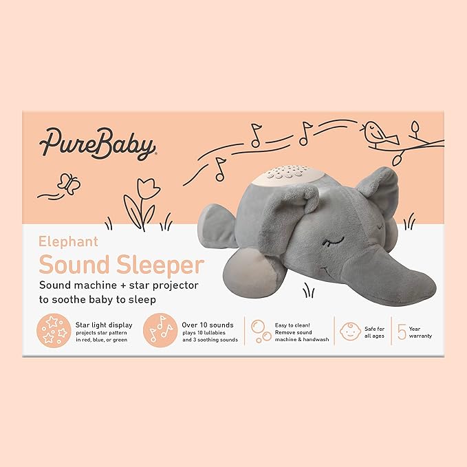 PureBaby Sound Sleepers Portable Sound Machine & Star Projector - Plush Sleep Aid for Baby and Toddlers with Soothing Night Light Display, 10 Lullabies, White Noise, and Heartbeat Sounds (Elephant)