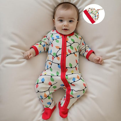 Baby Girl Boy Christmas Outfit Long Sleeve Lights Zipper Footie Romper Cute Newborn Infant Waffle Jumpsuit