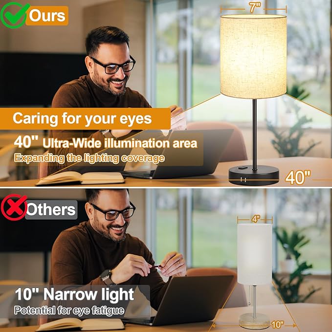 Lynnoland 2 Pack Touch Control Table Lamps with 2 USB & AC Outlet, 3-Way Dimmable Bedside Nightstand Lamps for Bedroom Living Room Nursery, 800 Lumens 3000K Warmlight Bulbs Included