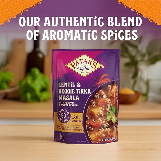 Patak’s Lentil & Veggie Tikka Masala - Vegetarian Indian Curry w/Lentils, Beans, Pumpkin, Sweet Potatoes & Vegetables - Ready-to-Eat Microwaveable Meal - Serve with Rice or Naan - 10.5oz (Pack of 1)