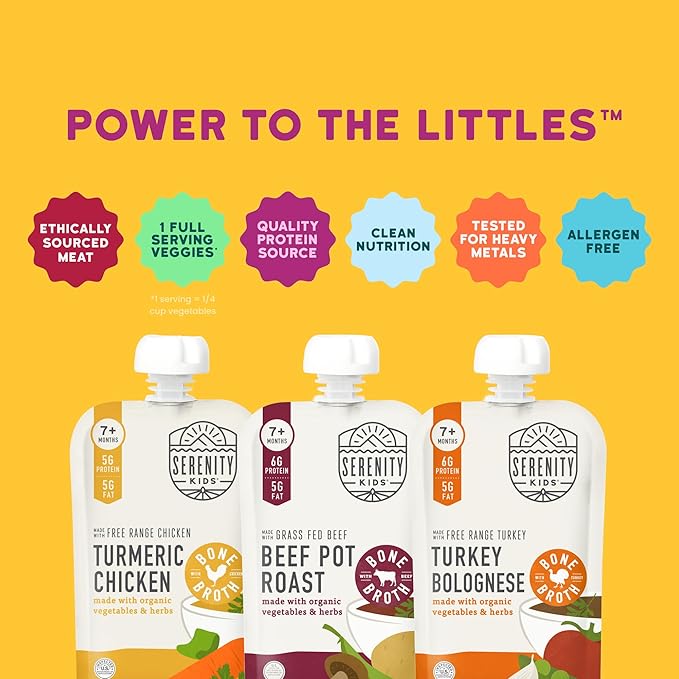 Serenity Kids 7+ Months Bone Broth Baby Food Pouches - Organic Veggies & Meat Blends for Toddler Food - High-Protein Savory Puree for Toddler Meals - No Added Sugar Baby Snacks - 3.5 Oz, 6 Pack