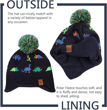JANGANNSA Knitted Baby Hat Scarf Set Winter Warm Boys Girls Beanie Fleece Lining Toddler Kids Hats with Pompom