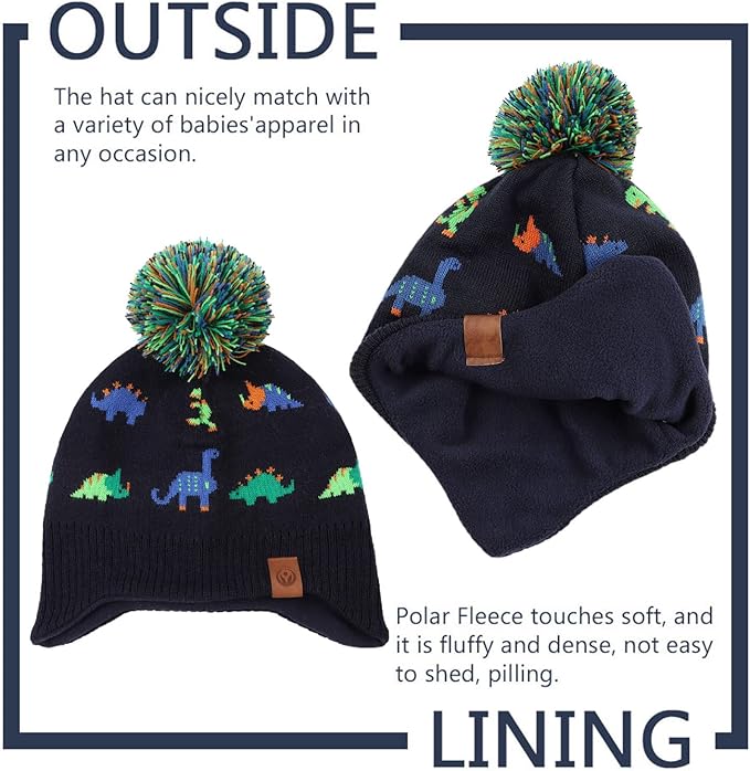 JANGANNSA Knitted Baby Hat Scarf Set Winter Warm Boys Girls Beanie Fleece Lining Toddler Kids Hats with Pompom
