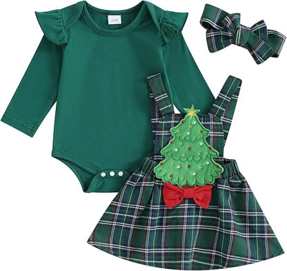 Hnyenmcko Newborn Baby Girl Christmas Clothes Infant Red Plaid Romper Dress Ruffle Long Sleeve Ribbed Bodysuit Headband Set