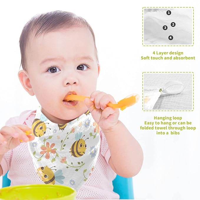 vvfelixl Baby Washcloths Cotton Bumble Bee Flowers Baby Muslin Washcloths Soft Baby Face Towel for Newborn Infants Baby Wipes, 11.8 X 11.8 Inch, 3 Pack White