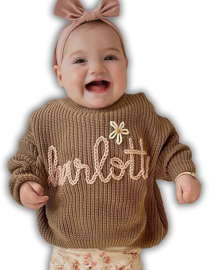 Personalized Hand Embroidered Knit Name Jumper, Custom Infant Christmas Sweater, Chunky Oversized Kids Sweater Multi