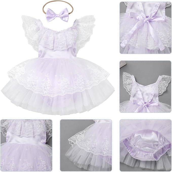 FYMNSI Infant Baby Girl 1st Birthday Outfit Floral Lace Tulle Romper Tutu Dress Headband 2PCS Bodysuit Princess Summer Clothe