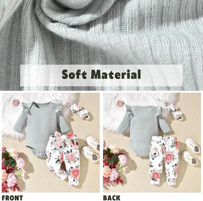 Aalizzwell Preemie Newborn Infant Baby Girls Clothes Ribbed Romper Bodysuit Pants Set Fall Winter Outfits
