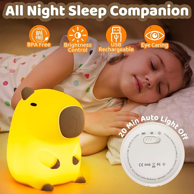Huggwaii Squishy Capybara Night Light for Kids - Soft Silicone Tap-Control Kids Night Light with 2 Brightness Levels & 20-Min Timer, Cute Lamp for Nursery Bedroom Decor, Baby Gift (1200mAh Battery)