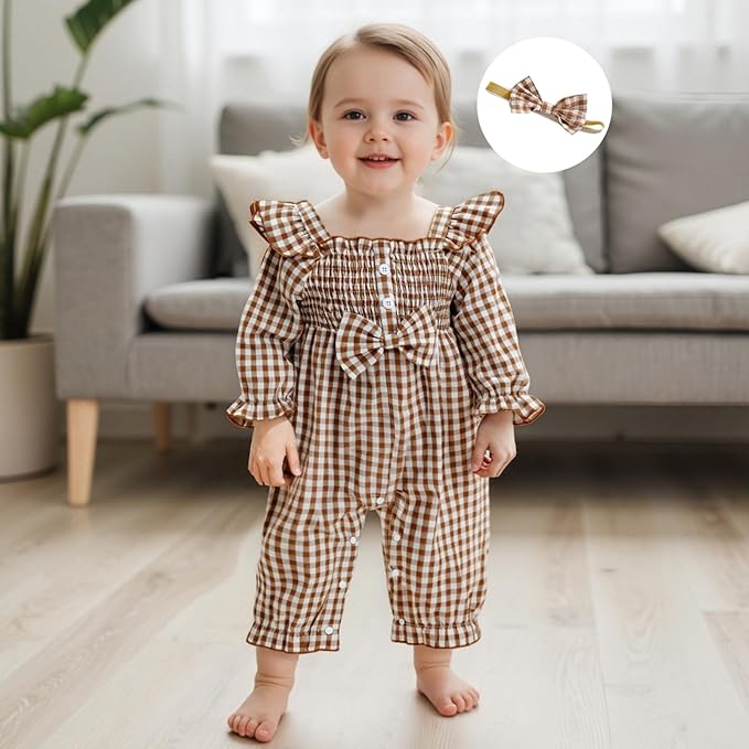 Newborn Infant Smocked Baby Girl Clothes Plaid Bubble Romper Long Leg Bodysuit Bow One-Piece Jumpsuit