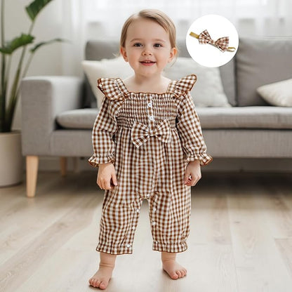 Newborn Infant Smocked Baby Girl Clothes Plaid Bubble Romper Long Leg Bodysuit Bow One-Piece Jumpsuit