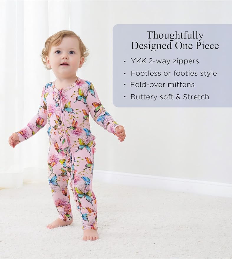 Bamboo Viscose Baby Girl Footless Pajamas Ruffled Baby Sleepers with 2 Way Zipper