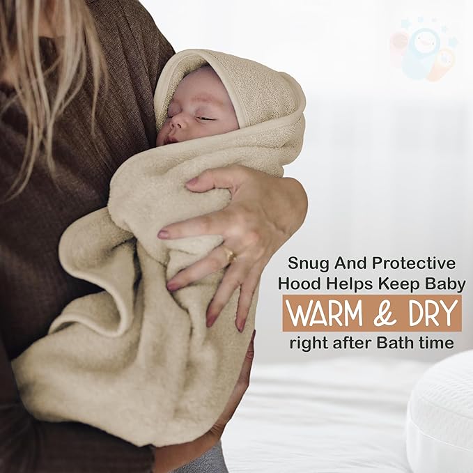 Organic Cotton Plush Woven Hooded Baby Towels, 31x31 Inches, Plush Bath Towels with Hood for Newborns and Kids, Girls & Boys (Ivory, 31.4" L x 31.4" W)