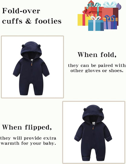 Newborn Baby Bear Onesie Winter Snowsuit With Fold-over Mittens & Footies Zip Up Baby Fleece Jumpsuit 0-18M