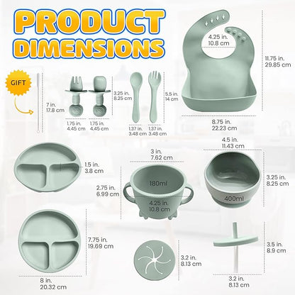 Baby Led Weaning Supplies | 10 Piece Silicone Baby Feeding Set, Baby Toddler Bib Cup Divided Plate and Bowl Self Feeding Spoons Dish Set,Baby Utensils | Toddler Feeding Supplies