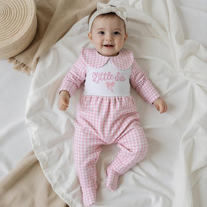 Newborn Baby Girl Footed Romper Onesie Little Sister Embroidery Fall Clothes Coming Home Outfit Vintage Jumpsuit