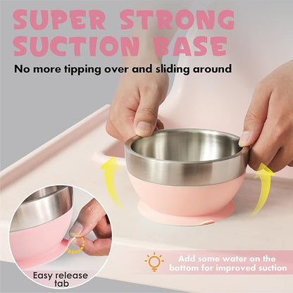MR. CHOU Baby Suction Bowl Set with Spoon & Fork, Double-Layer 18/8 Stainless Steel Toddler Bowls with BPA Free Airtight Lid, Food Grade Infant Self-Feeding Bowl, First Stage Led Weaning Supplies Pink