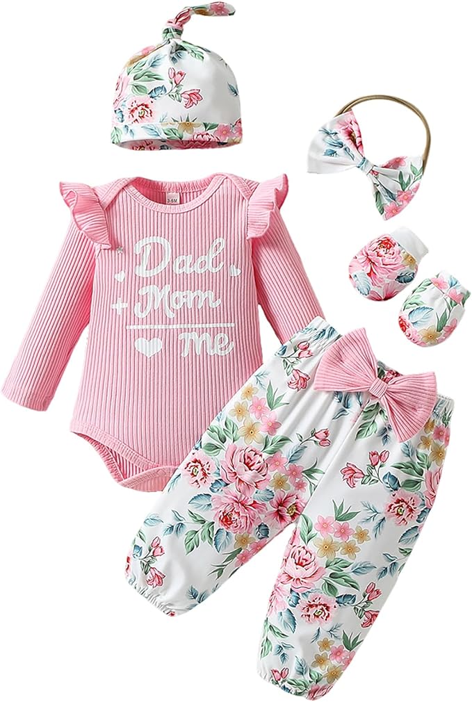 ChuYuKu Baby Girls Newborn Long Sleeve Romper Infant Winter Clothes Floral Pants Outfits with Headband & Mittens 0-6M