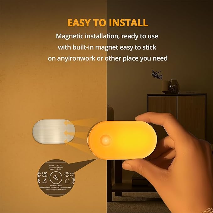 Lyridz Rechargeable Night Light with Motion Sensor, Dimmable Amber Nightlights for Bathroom, Bedroom, Kids Room, Hallway, Stairs, Pet House, 2 Pack