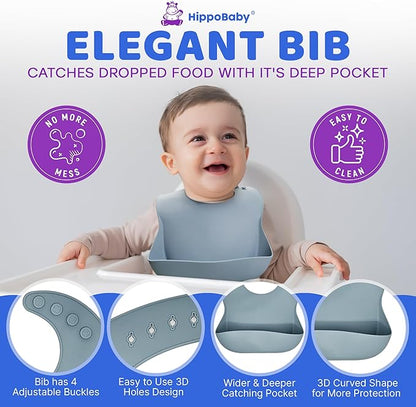 Baby Led Weaning Supplies | 10 Piece Silicone Baby Feeding Set | Baby Toddler Bib Cup Divided Plate and Bowl Self Feeding Spoons Dish Set | Baby Utensils | Toddler Feeding Supplies (Sky)